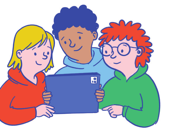 Drei Kinder schauen gemeinsam auf ein Tablet