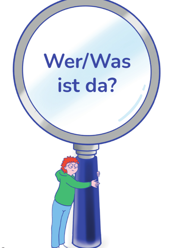 Kind als Detektiv:in mit großer Lupe und der Frage „Wer/Was ist da?